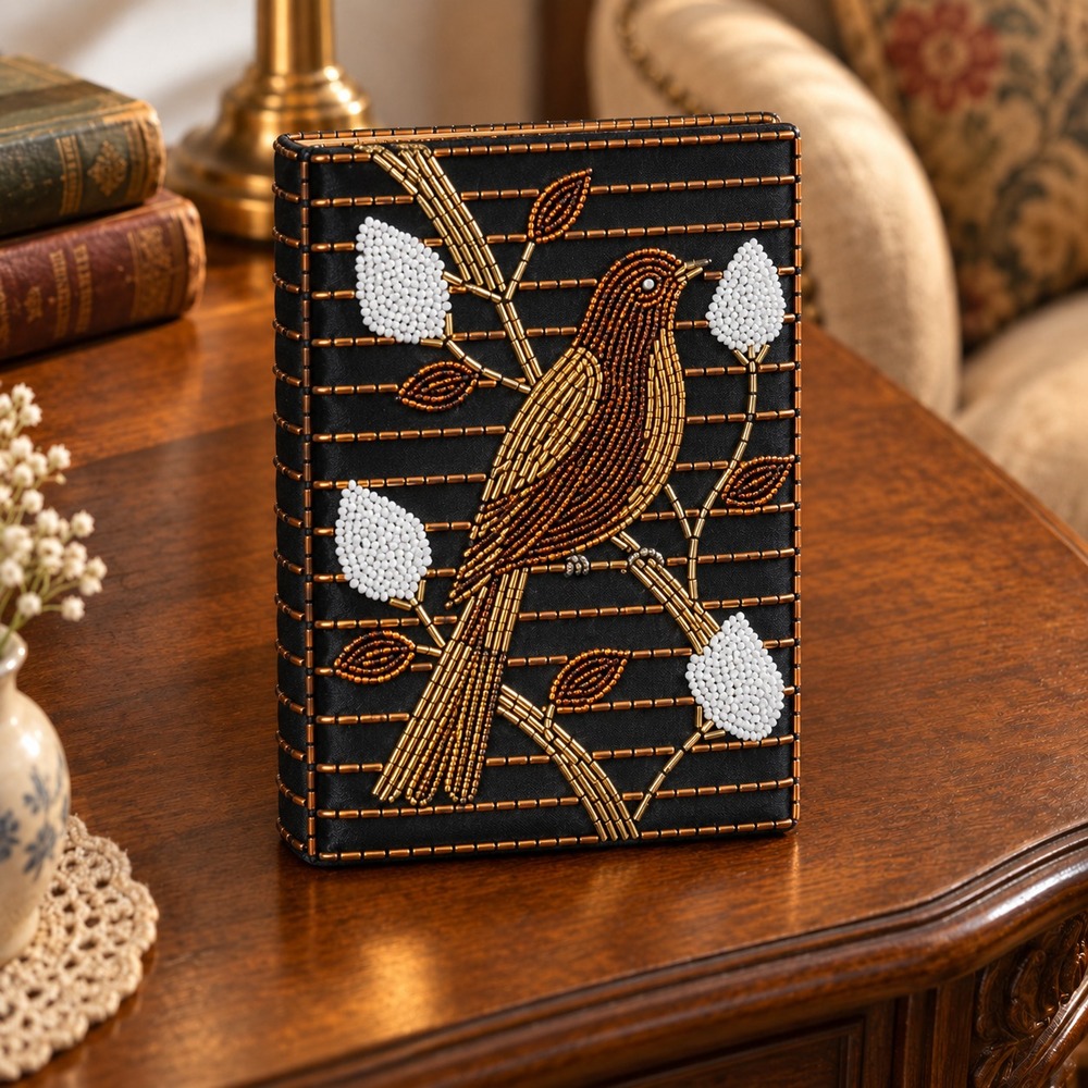 Beaded Book Bible Journal Cover Women Black Bird Floral Gold Bronze 8 x 5